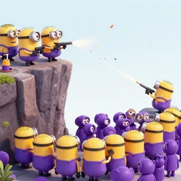 group of purple minions in suits on a cliff firing a confetti canon at a crowd of other purple minions wearing regular clothes standing below the cliff, 3 d render, seen from above