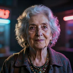 old woman made of neon lights