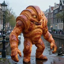lovecraftian croissant monster in amsterdam canals, fantasy, high detail, elegant, digital painting, cinematic lighting, textured skin, highly detailed, artstation, unreal engine 5, breathtaking, illustration, ilya kuvshinov, nikolay makovsky