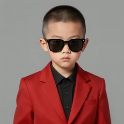 digital painting of a chinese boy with buzz cut hair wearing a red suit and shades