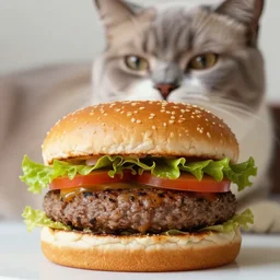 full close up image burger food, burger and a cat, in front of a cat, cat, close up, full image, food, burger, hamburger, tasty look, artstation, style of jesper ejsing, by rhads, makoto shinkai and lois van baarle, ilya kuvshinov, rossdraws