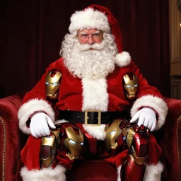 iron man sitting on santa's lap, iron man sitting, santa clause, white beard, sitting on santa, dramatic lighting