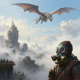 landscape painting of steampunk city with thick fog. from a distance seen a man wearing a gas mask on his face, a mechanical dragon flies in the sky. high detail, fine art, trending on artstation, smooth draw, sharp focus, digital art, bright colors, no anomalies, cool style.