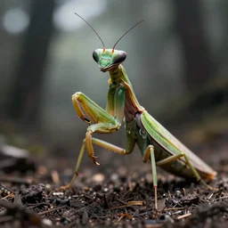 beautifully hyperrealistic cinestill octane render of creepy predatory mantis with flat triangular head, yasushi nirasawa, hiroya oku, junji ito
