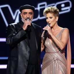 saddam hussein singing a duet with celine dion on stage during a episode of the voice - g