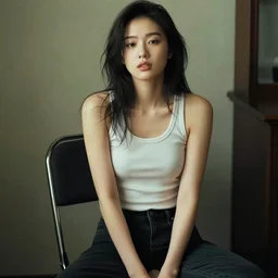 sexy asian girl wearing a tanktop, sitting on a chair, in the style of ilya kuvshinov and rossdraws