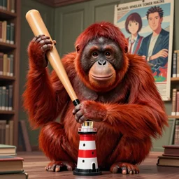 rendering of red orangutan holding lighthouse toy as baseball bat, library interior background, travel poster artwork by michael whelan and tomer hanuka, high contrast, full of details, by makoto shinkai and thomas kinkade, matte painting, trending on artstation and unreal engine