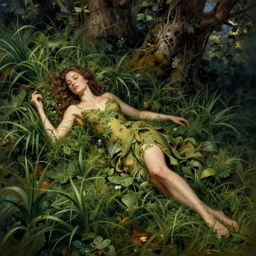 a giant gorgeous woman lies overgrown with grass and trees by anna dittmann