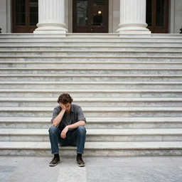 an urban landscape with a marble staircase where a man is sitting on the ground thinking about is sins, photography vintage, 4 k