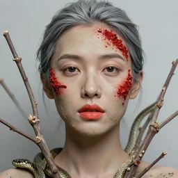 Portrait of a woman, close-up, clay on the face , red pepper on the skin, high sharpness, zeiss lens, fashion photo shoot, dry branches, gray hair, Coral lipstick, in front of snakes, in the fog, Edward Buba, Annie Leibovitz, Paolo Roversi, David Lazar, Jimmy Nelsson, Eiko Hosoe, artistic, hyperrealistic, beautiful face, octane rendering