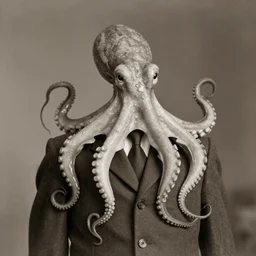 anthropomorphic octopus , wearing a suit, tentacles spilling out of the collar, vintage photograph, sepia