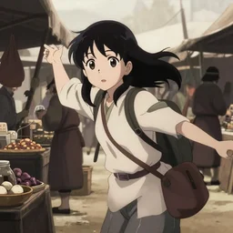 anime visual, portrait of a young female traveler in an open medieval market shopping, cute face by yoh yoshinari, katsura masakazu, neutral light, dynamic pose, dynamic perspective, strong silhouette, textured, ilya kuvshinov, cel shaded npr, crisp and sharp, rounded eyes, moody