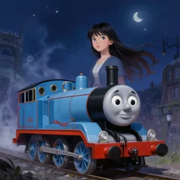 a girl from final fantasy live action, thomas the tank engine, evocative, mystical night, very very very very detailed, award winning, masterpiece digital painting by greg rutkowski, alex grey, artstation, 4 k wallpaper
