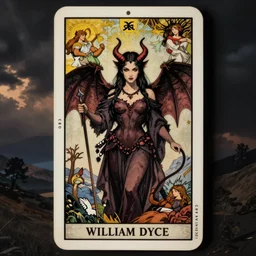 rose leslie as a female demon, tarot card by william dyce and dante gabriel rossetti and william morris and william waterhouse