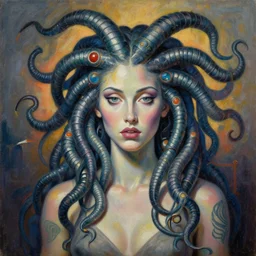 a beautiful painting cyberpunk medusa, by picasso painting, illustration style, hyperfine artstation, realistic oil painting