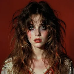 a beautiful but sinister girl who looks like a young shirley henderson in layers of fear, with haunted eyes and crazy hair, 1 9 7 0 s, seventies, delicate embellishments, a little blood, crimson, painterly, offset printing technique, by jules bastien - lepage