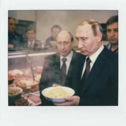 close up medium shot of vladimir putin and bowl of mear, visiting butchery, cinematic focus, polaroid photo, vintage, neutral dull colors, soft lights, foggy mist, by oleg oprisco, by thomas peschak, by discovery channel, by victor enrich, by gregory crewdson