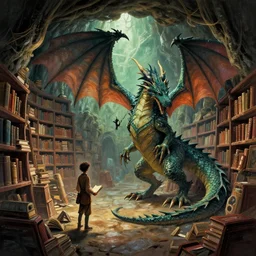 dragon in under ground library, by alex heywood, by pi - slices