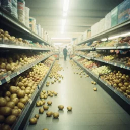 Beautiful Liminal Grainy foggy disposable-camera Photograph of a infinite infinite infinite Mall with many potatoes potatoes potatoes potatoes on the floor