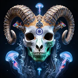 3 d goddess fractal close - up frontal portrait with ram indian flag skull. beautiful intricately detailed indian fractal mask. betta fish, jellyfish fractal, bio, india luminescent, plasma, ice, water, wind, creature, mandelbulb, fractal, artwork by tooth wu and wlop and beeple and greg rutkowski