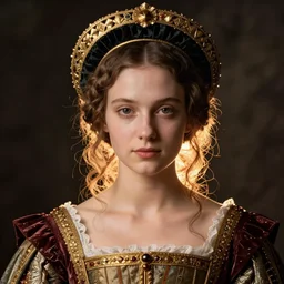 portrait of young woman in renaissance dress and renaissance headdress, style by the fifth element