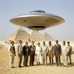 a photo from the early 1900s of people standing in front of a UFO, behind them are the Pyramids at Giza
