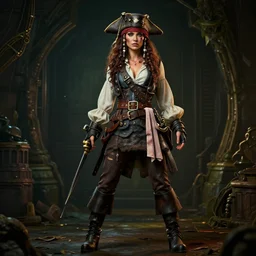 full body pose, hyperrealistic photograph of a drunk pirate woman, dim volumetric lighting, 8 k, octane beautifully detailed render, extremely hyper detailed, intricate, epic composition, cinematic lighting, masterpiece, trending on artstation, very very detailed, stunning, hdr, smooth, sharp focus, high resolution, award, winning photo, dslr, 5 0 mm