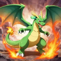 a green dragon fighting fire type pokemon.