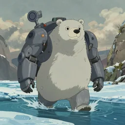 cell shaded cartoon of a giant mechanized grey polar bear from howl's moving castle ( 2 0 0 4 ), wading through an icy river, full body, wide shot, very muted colors, post grunge, studio ghibli, highly detailed, deviantart, art by artgem