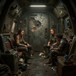epic professional digital art interior view of dim, cramped, cluttered, claustrophobic spaceship cargo bay with wall torn by micrometeorite, detailed, leesha hannigan, wayne haag, reyna rochin, ignacio fernandez rios, best on artstation, cgsociety, stunning, much wow, cinematic