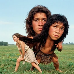 oversized head portrait of a little cuties caveman with 3 times oversized head dragging a woman by her hair, a colorized photo, colorized, # film, movie still