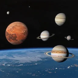 wide angle view of planets mars venus saturn jupiter mercury uranus in the night sky as seen from earth point of view, realistic, 8k