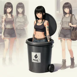 full view, from a distance, of an anthropomorphic trashcan who is a taiwanese girl with tattoos, style of yoshii chie and hikari shimoda and martine johanna, highly detailed