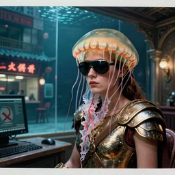 closeup view of a female jellyfish human hybrid wearing roman armor and visor shades, inside of a dimly lit ancient Roman villa with a soviet computer console and a semi-transparent wall with an exterior view of a NewYork chinese restaurant that is underwater, ektachrome photograph, volumetric lighting, 24mm f8 aperture