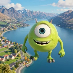 sully from monsters inc flying above new zealand landscapes
