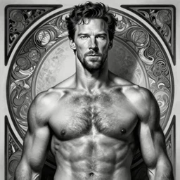 benedict cumberbatch as gigachad, masculine, mature, handsome, upper body, grey and silver, muscular, hairy torso, fantasy, intricate, muscular, elegant, highly detailed, digital painting, artstation, concept art, smooth, sharp focus, illustration, art by gaston bussiere and alphonse mucha, black and white