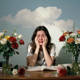 young lady sits at the desk and cries, many flowers around, sun rays, clouds, photo by Richard Avedon