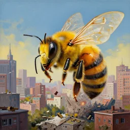 a giant bee destroying a city painted by Alex Andreev, conceptual art, realistic painting, very detailed, trending on ArtStation, 4k wallpaper, high definition
