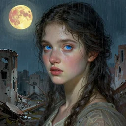 a beautiful picture of a blue eye girl, ruins of a destroyed city and a yellow-red moon on background, rainy atmosphere, natural volumetric light, intricate, highly detailed, digital painting, artstation, concept art, sharp focus, illustration, art by greg rutkowski and alphonse mucha