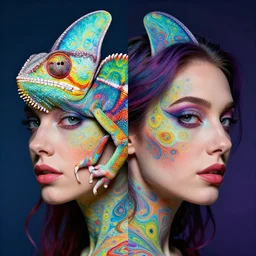 symmetrical portrait of a psychedelic colorful woman-chameleon, detailed fractal skin, Johanna, Martine, beautiful eyes, modern art, 4k