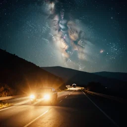 a 2 8 mm macro photo of car lights on a winding mountain highway, long exposure at night with the milky way in the sky, splash art, movie still, bokeh, canon 5 0 mm, cinematic lighting, dramatic, film, photography, golden hour, depth of field, award - winning, anamorphic lens flare, 8 k, hyper detailed, 3 5 mm film grain, hazy