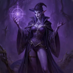 painting of alluring necromancer elf, purple skin, long robes and short pants, corset, small hat, spellcasting, high fantasy, dnd,, sharp focus, award - winning, trending on artstation, masterpiece, highly detailed, intricate. art by rebecca guay