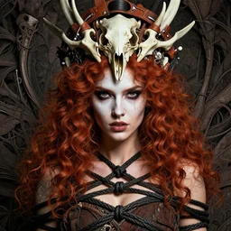 a single fierce looking beautiful young woman with curly red hair and symmetrical white makeup, tied up with black rope, wearing an intricate headdress made from bones and leather, hyperdetailed illustration by irakli nadar and alexandre ferra, intricate linework, in the style of a national geographic portrait, unreal engine 5 highly rendered, global illumination, radiant light, detailed and intricate environment