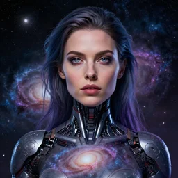 woman portrait made out of galaxies, beautiful, cyborg, cinematic comic book art, realistic, highly detailed, octane render