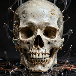 portrait of a melting skull. razor sharp teeth. nightmare fuel. intricate abstract. intricate artwork. by Tooth Wu, wlop, beeple, dan mumford. octane render, trending on artstation, greg rutkowski very coherent symmetrical artwork. cinematic, hyper realism, high detail, octane render, 8k, iridescent accents