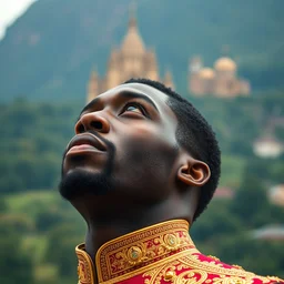 royal portrait of chadwick boseman looking upwards while wakanda can be seen behind him from afar.