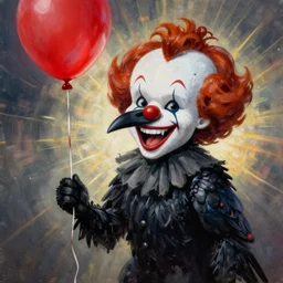grunge cartoon painting of a raven with a wide smile and a red balloon by chris leib, loony toons style, pennywise style, corpse bride style, horror theme, detailed, elegant, intricate