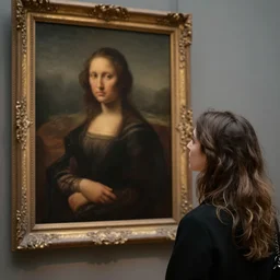 woman looking at a painting in the louvre, beautiful, realistic, high detail, dramatic, warm colors