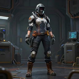 character art of a female engineer wearing futuristic overalls, welding mask, toolbelt, heavy-duty boots, gloves, videogame character, Starcraft 2, Mass Effect, highly detailed full-body art, futuristic, serious, concentrated, industrial aesthetic, highly detailed, photo realistic, technical atmosphere, 8K, octane render, unreal engine