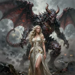 a portrait of a beautiful woman and a demon!!!!!!!, fantasy character portrait, ultra realistic, wide angle, highly detailed, artwork by peter mohrbacher, boris vallejo, craig mullins